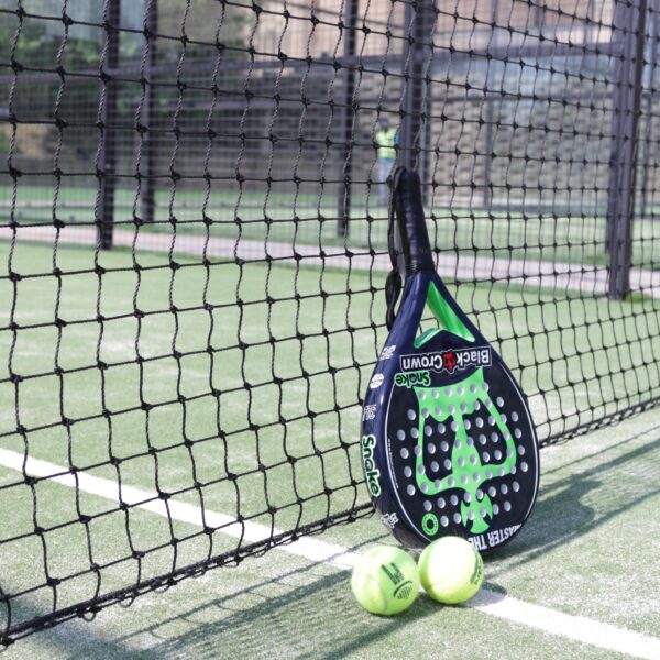 Padel racket with 2 tennis balls